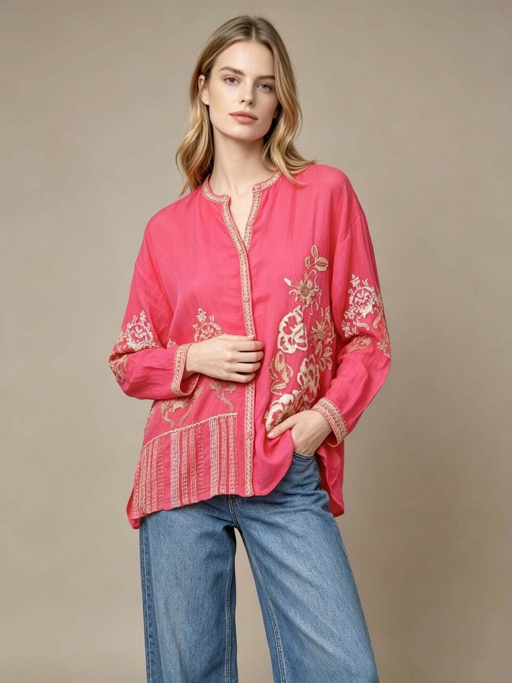$328 NWOT Johnny Was AUDREY MANDARIN Floral Embroidered Blouse Oversized Size L